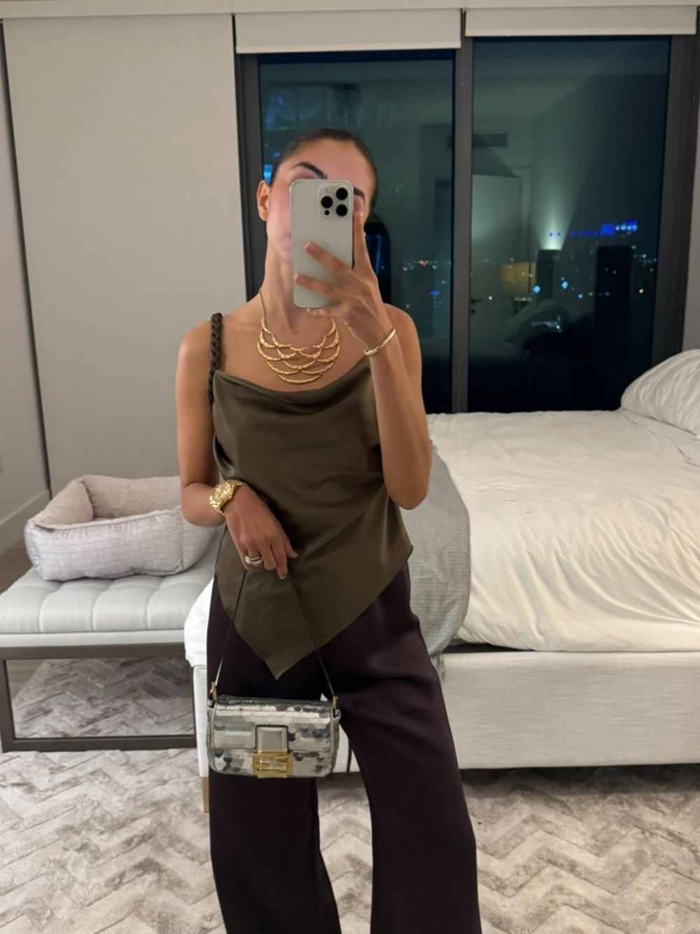 Nanushka Olive Satin Cowl Camisole with Braided Straps